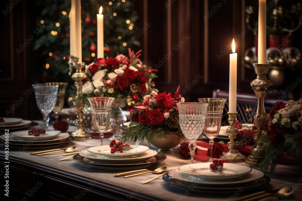 An elegantly set Christmas table adorned with holiday-themed decorations, candles, and fine dinnerware. The anticipation and beauty of a Christmas celebration