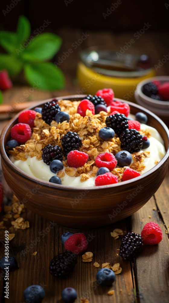 Rustic bowl of creamy yogurt with blackberries, raspberries, and a granola mix. A perfect blend of sweet and tart for a healthy morning routine. Rustic bowl of creamy yogurt with blackberries, raspberries, and a granola mix. A perfect blend of sweet and tart for a healthy morning routine.