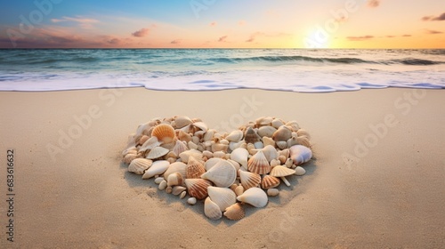 A serene beach setting with seashells arranged in the shape of a heart on the sandy shore. © Bea