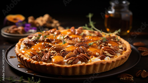 Homemade pecan pie  a healthier dessert option  beautifully garnished and ready to be served.