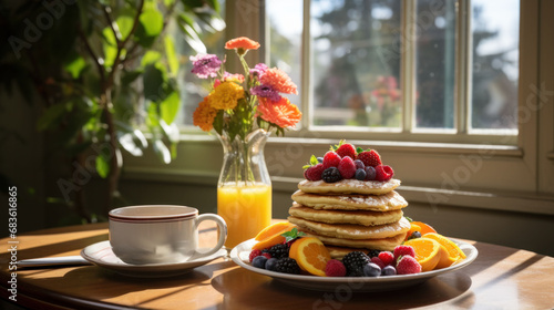 Healthy breakfast with a tall stack of pancakes topped with fresh berries and honey  served on a sunny morning table.