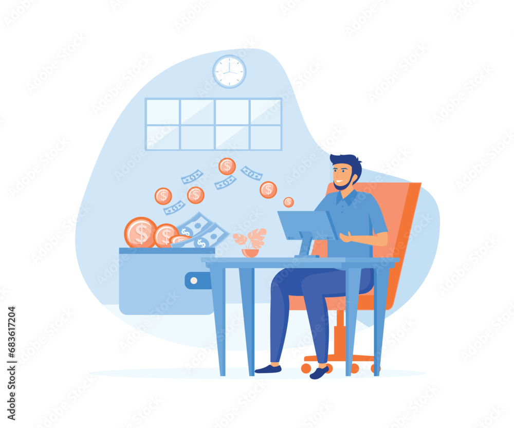 Earning money online. Bearded man working on desk with computer and money flowing from screen to wallet. flat vector modern illustration 
