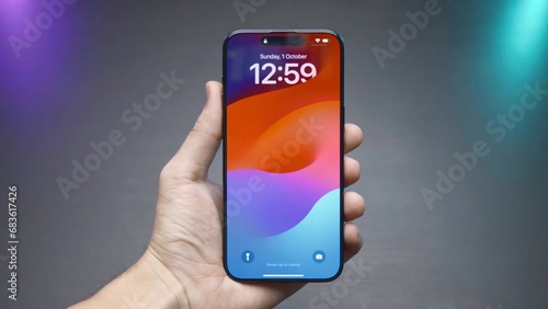 Close-up of phone screen with time. Action. Stylish phone lock screen saver. Man holds stylish phone with screen turned on on isolated background