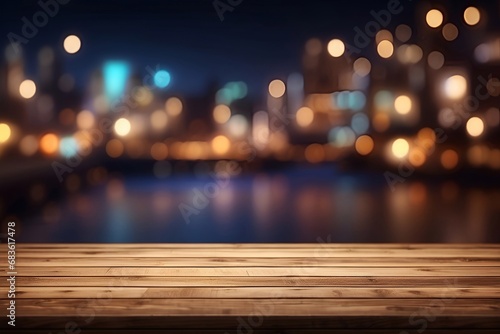 wooden table top for product presentation with bokeh background