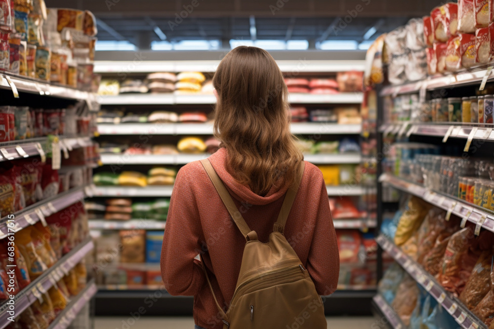 Teenage girl looking at food in aisle of supermarket. Generative AI