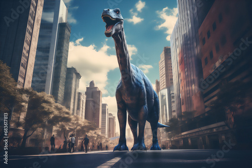 giant brochiosaurus in the city, hyper realistic illustration. © Maizal