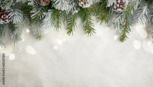 Wallpaper Mural Christmas background with frosty fir and Christmas decorations on white paper texture table. Top view. Copy space for text. Torontodigital.ca