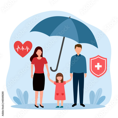 Umbrella shield of family insurance about care, safety, security and protection. Life or health insurance concept.