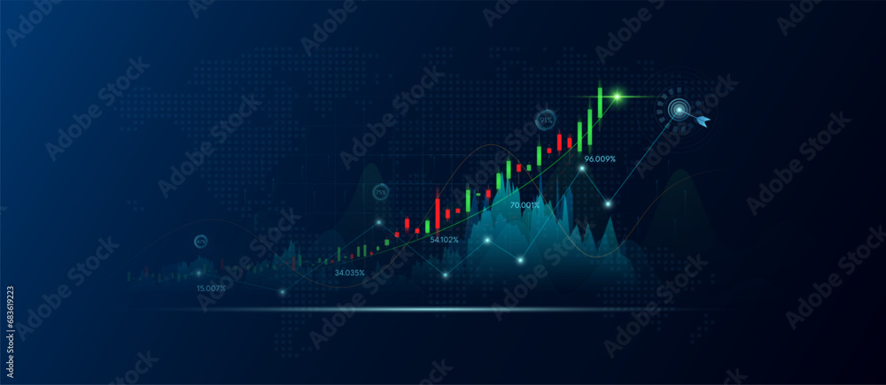 Chart stock market green red on dark blue background. Planning business strategy financial investment. Analysis candlestick with AI technology up trend of graph growth. Banners for advertising. Vector - obrazy, fototapety, plakaty 
