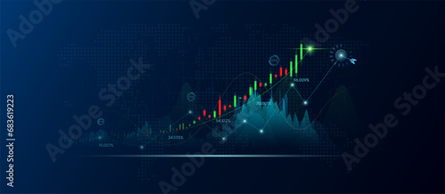 Chart stock market green red on dark blue background. Planning business strategy financial investment. Analysis candlestick with AI technology up trend of graph growth. Banners for advertising. Vector photo