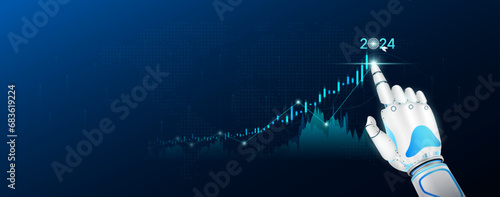 Robot fingers touch chart stock market 2024. Analysis candlestick with AI technology up trend of graph growth. Planning business strategy financial investment. With empty space for text. Vector EPS10.