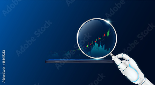 Robot hand holding magnifying glass looking chart stock market on smartphone. Analysis candlestick with AI artificial intelligence technology. Financial investment business concept. Vector.