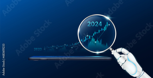 Robot holding magnifying glass look chart stock market growth 2024. Analysis candlestick with AI technology up trend of graph on smartphone. Planning business strategy financial investment. Vector.