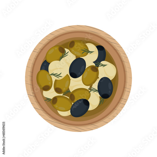 Vector illustration of top view marinating mozzarella cheese balls with olive