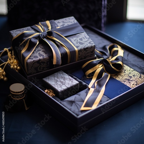 A sophisticated gift box set against a background of rich, velvety fabrics and golden accents. © Bea