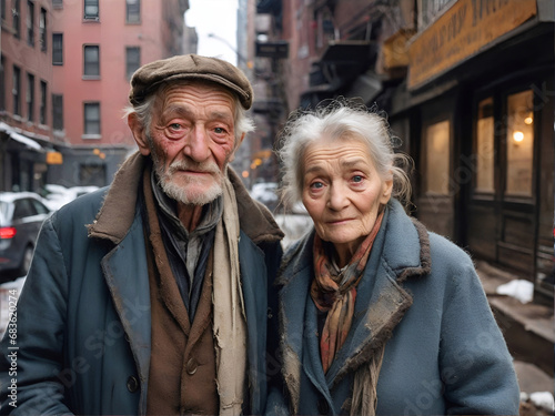 Pareja de ancianos pobres en la calle  vestido con ropa vieja photo