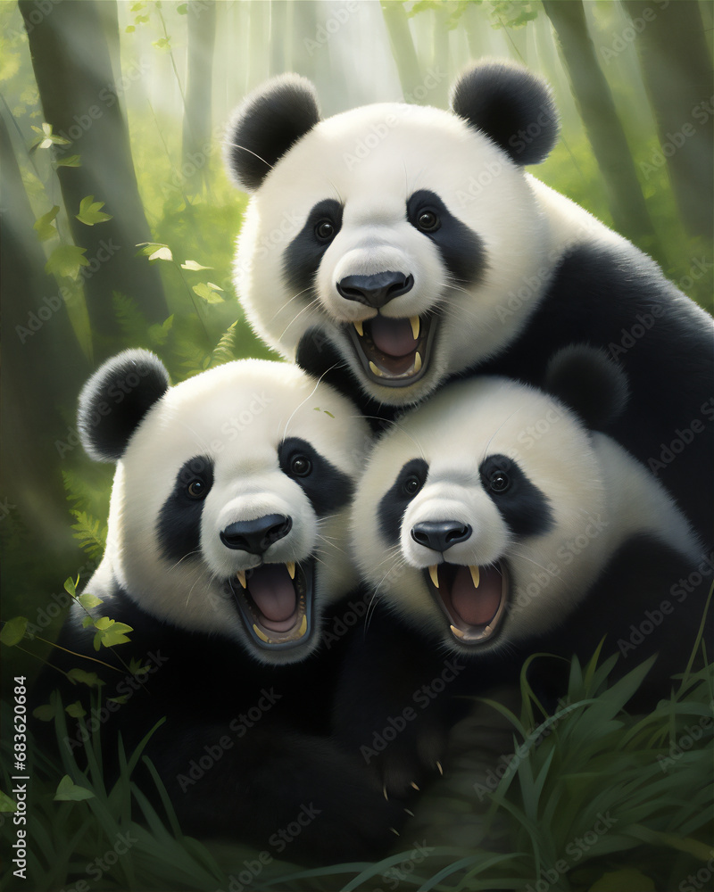 wefie panda bears with cute big smiles, hyper realistic, dreamy light and shadows,