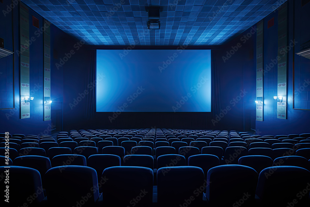 Empty of cinema in blue color with white blank screen. Generative AI Empty of cinema in blue color with white blank screen. Generative AI