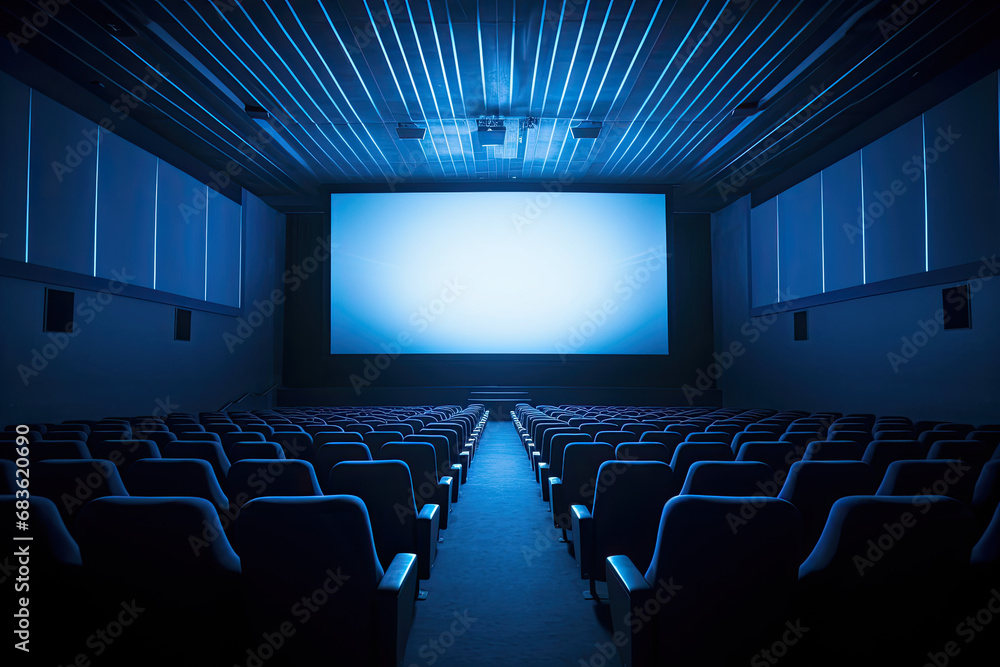 Empty of cinema in blue color with white blank screen. Generative AI Empty of cinema in blue color with white blank screen. Generative AI