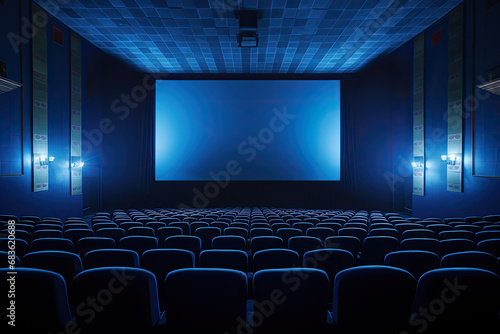 Empty of cinema in blue color with white blank screen. Generative AI