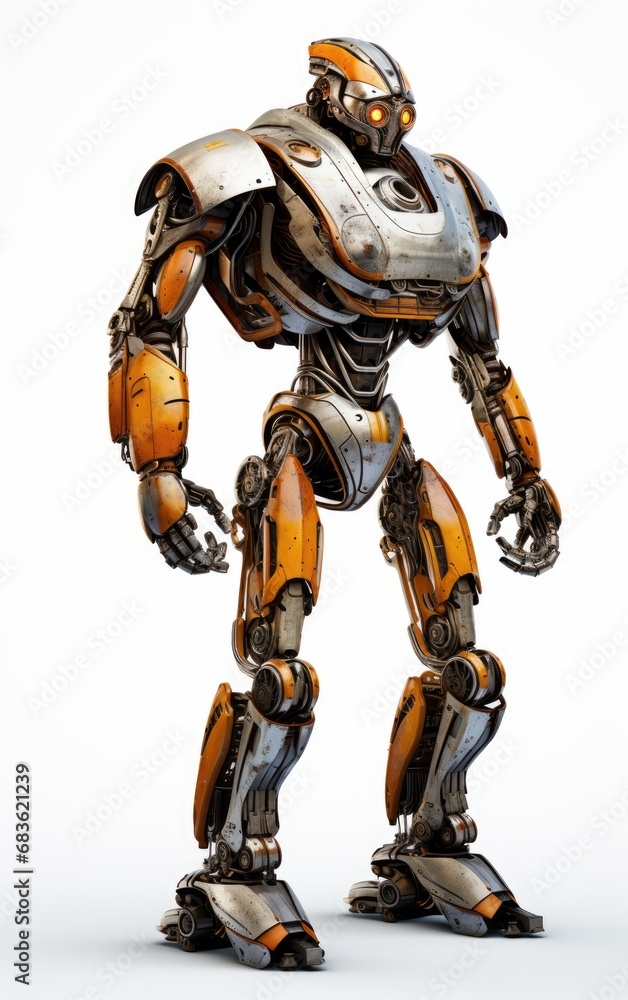Robot F102 orange fighting old rusted iron One full body isolated on white background.
