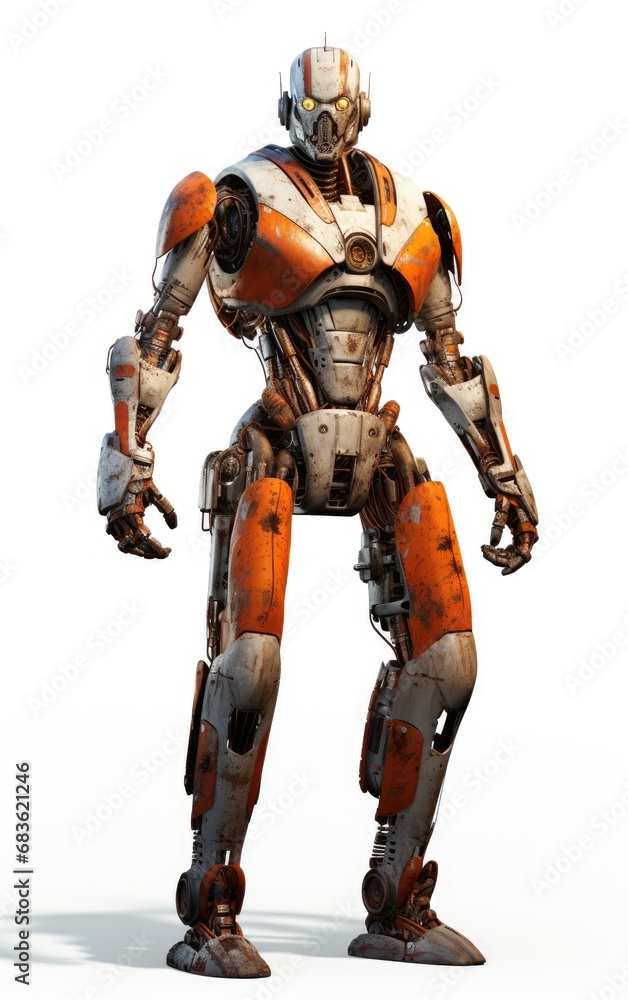 Robot F103 orange fighting old rusted iron One full body isolated on white background. Robot F103 orange fighting old rusted iron One full body isolated on white background.