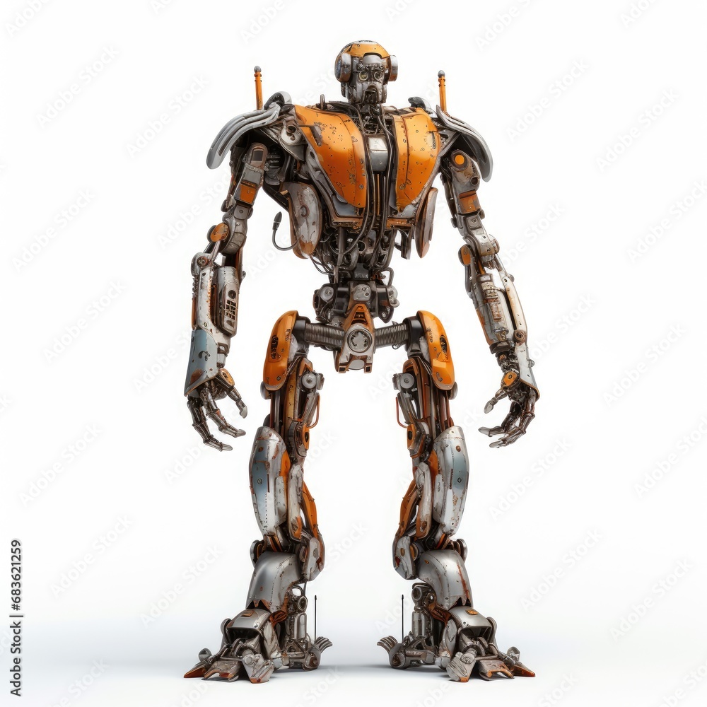 Robot F111 orange fighting old rusted iron One full body isolated on white background. Robot F111 orange fighting old rusted iron One full body isolated on white background.