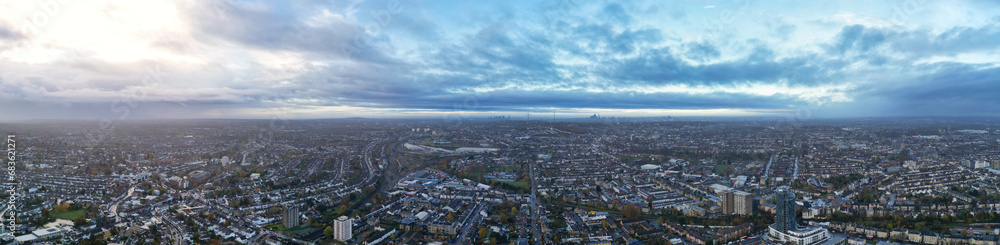 Aerial Ultra Wide Panoramic View of Central West Croydon London City of England United Kingdom. The Footage Was Captured with Drone's Camera on Mostly Cloudy Day of November 20th, 2023