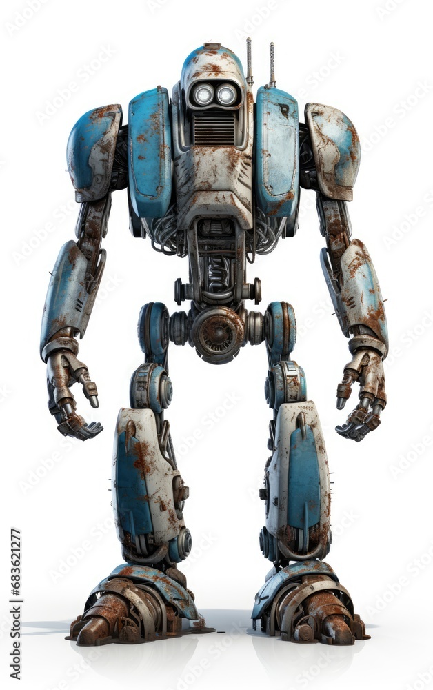 Robot F114 blue fighting old rusted iron One isolated on white background. Robot F114 blue fighting old rusted iron One isolated on white background.