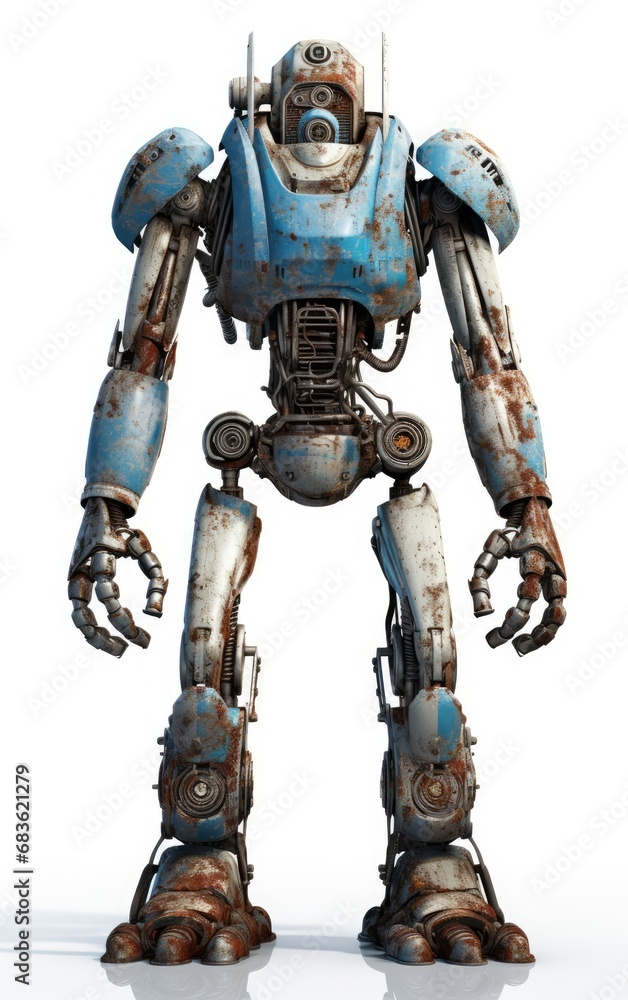 Robot F117 blue fighting old rusted iron One isolated on white background. Robot F117 blue fighting old rusted iron One isolated on white background.