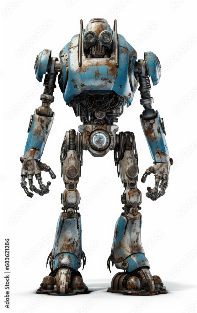 Robot F120 blue fighting old rusted iron One isolated on white background. Robot F120 blue fighting old rusted iron One isolated on white background.