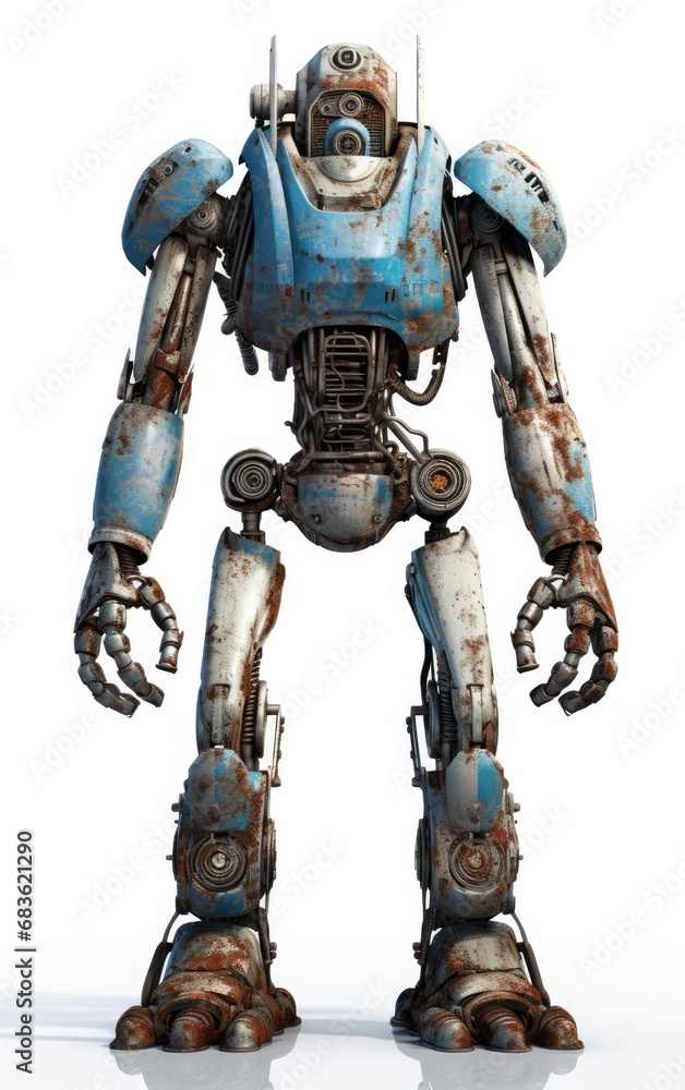 Robot F118 blue fighting old rusted iron One isolated on white background.