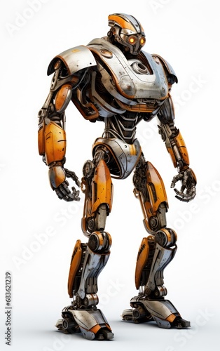 Robot F102 orange fighting old rusted iron One full body isolated on white background. © somkcr