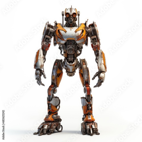 Robot F104 orange fighting old rusted iron One full body isolated on white background. photo