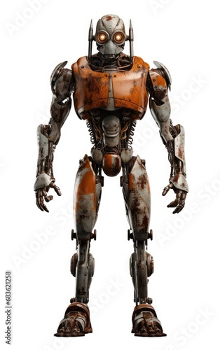 Robot F110 orange fighting old rusted iron One full body isolated on white background. © somkcr