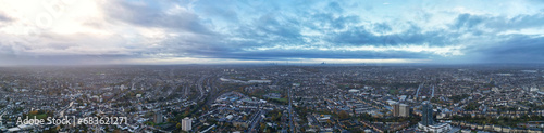 Aerial Ultra Wide Panoramic View of Central West Croydon London City of England United Kingdom. The Footage Was Captured with Drone s Camera on Mostly Cloudy Day of November 20th  2023