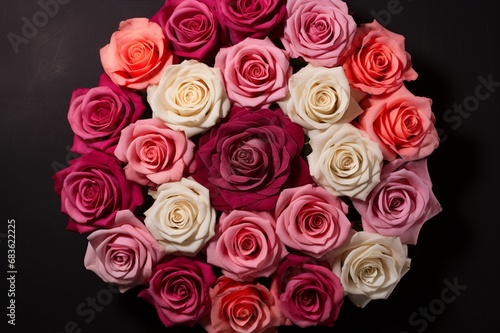 A symmetrical display of perfectly bloomed roses captured from above  arranged in a circular pattern  forming a mesmerizing floral mandala.