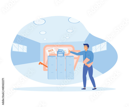  Businessman data management system, cloud technology, Internet and business concept.  flat vector modern illustration 