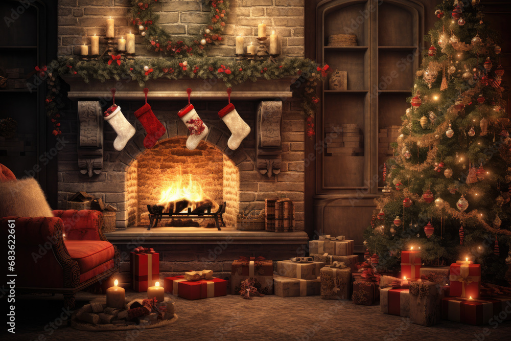 The ambiance of a beautifully decorated living room with a festively adorned Christmas tree, stockings hanging by the fireplace, and a warm, crackling fire. Focuses on the serene and peaceful