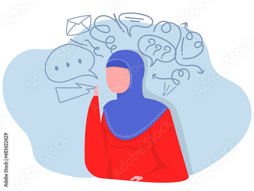 Muslim woman suffers from obsessive thoughts; headache; unresolved issues; psychological trauma; depression.Mental stress panic mind disorder illustration Flat vector illustration.