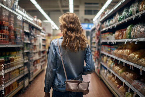 A woman is walking down the supermarket aisle. Generative AI photo