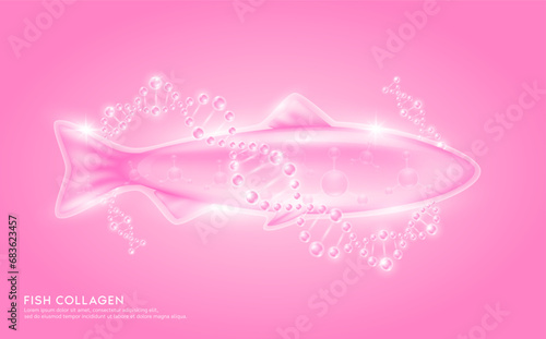 Pink fish collagen peptide solution surround with DNA molecule. Extracted from nature fish. Hyaluronic Acid and Moisturizer Vitamins serum skin care. For cosmetic or beauty nutrition. Vector EPS10.