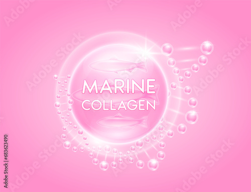 Pink marine collagen solution surround with DNA molecular. Oil omega extract from deep sea fish. Vitamins serum skin care. For cosmetic or beauty nutrition. Vector EPS10.