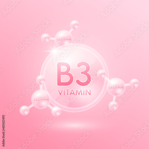 Vitamin b3 and Lecithin amino acids. Collagen serum pink skin care. For beauty cosmetic with chemical formula. Medical scientific concept. 3D Vector.