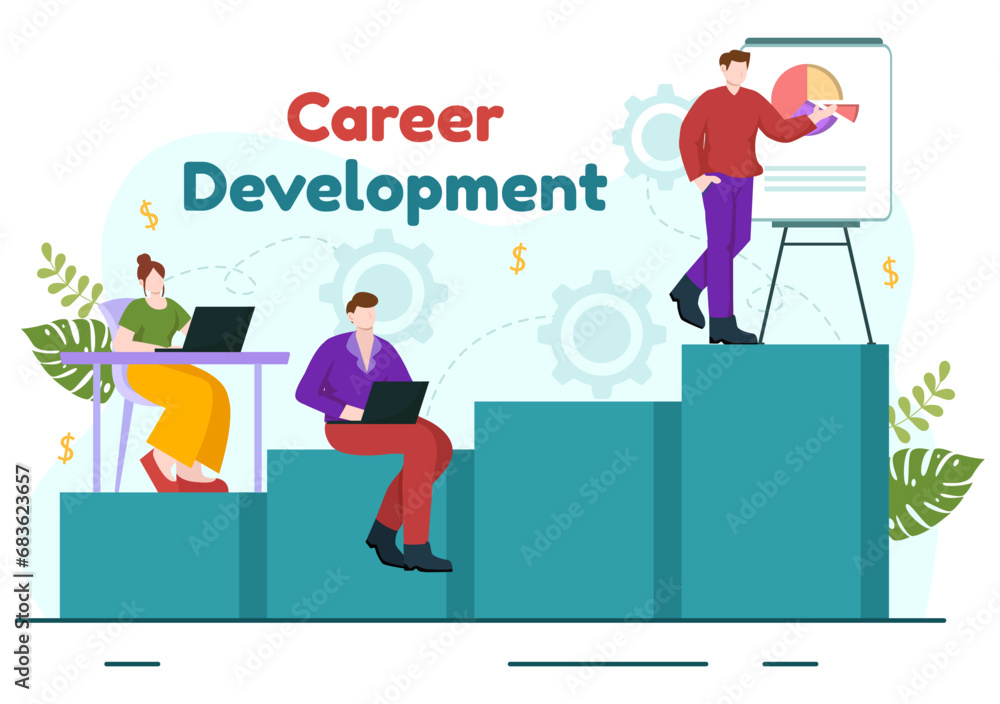 Career Development Vector Illustration with Ladder to Success and Growing Revenue on Improve Bar Graph in Business Goal Flat Background Design