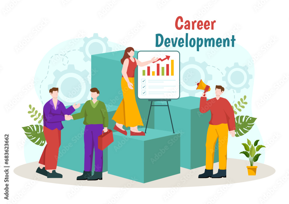 Career Development Vector Illustration with Ladder to Success and Growing Revenue on Improve Bar Graph in Business Goal Flat Background Design Career Development Vector Illustration with Ladder to Success and Growing Revenue on Improve Bar Graph in Business Goal Flat Background Design