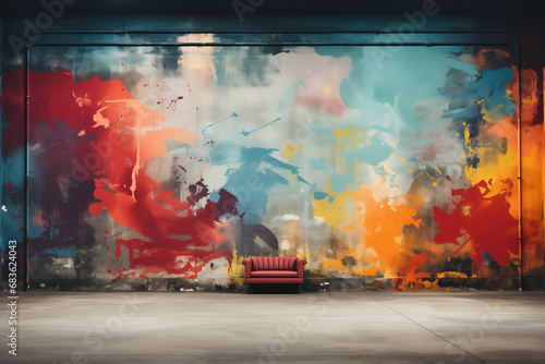 Sofa in a loft in front of a wall with an big abstract painting photo