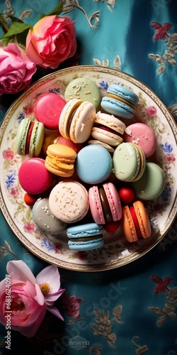 A vibrant array of colorful macarons arranged delicately on a vintage plate, showcasing an assortment of flavors and sweetness to celebrate Mother's Day.