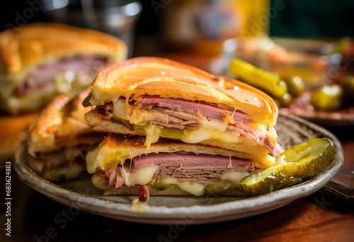 Close-up of a single serving of an authentic Cuban sandwich, mounds of pork shoulder and sliced ham alternating between layers of Swiss cheese and tart pickles photo