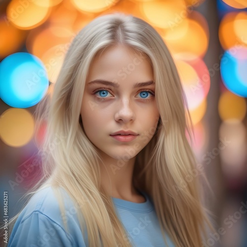 Hermosa chica rubia alemana de ojos azules sobre un fodo de luces desenfocadas photo